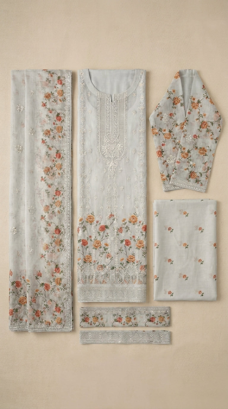 Gulzaar β Grey | Embroidered Festive Three-Piece Premium Unstitched Suit