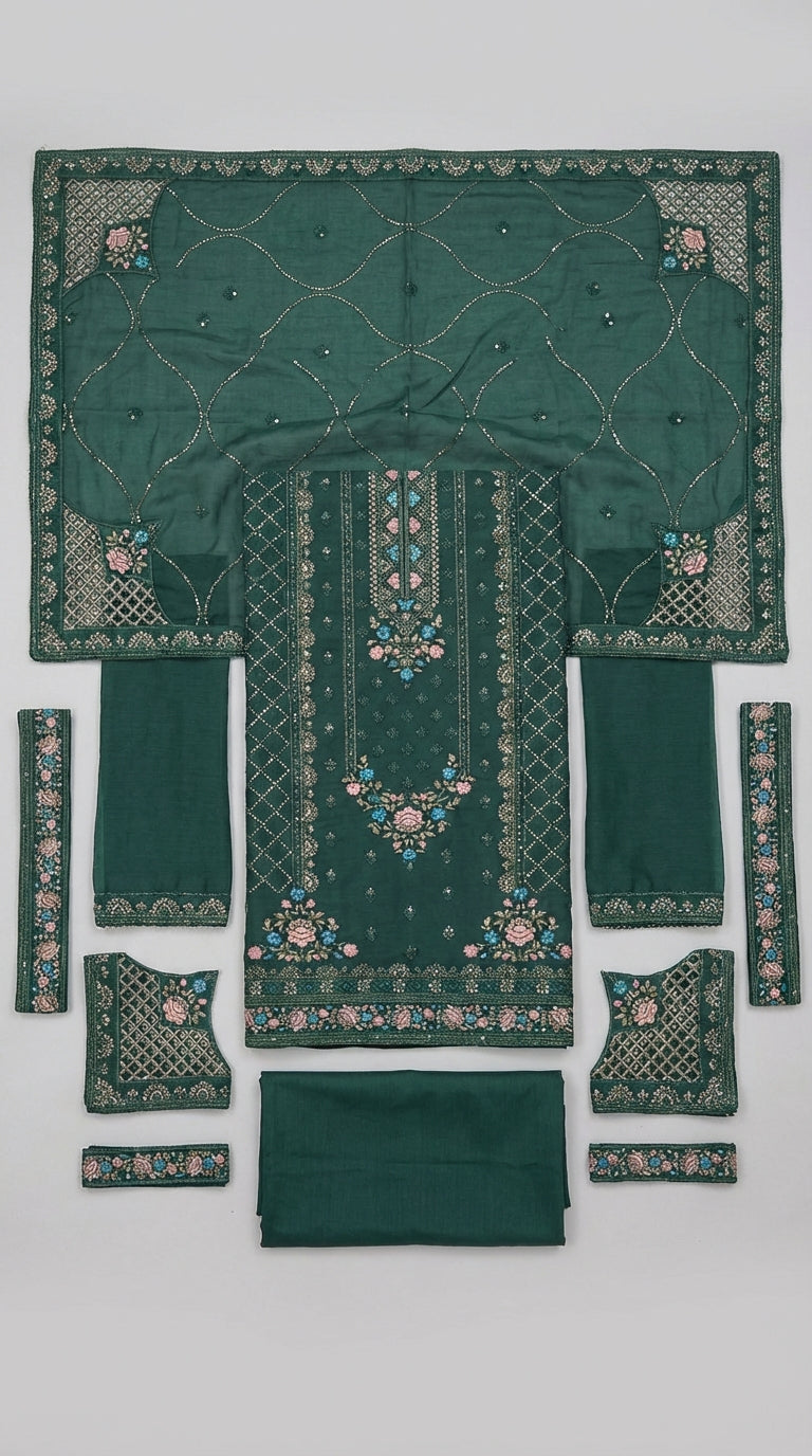 Yaqoot β Green | Embroidered Festive Three-Piece Premium Unstitched Suit