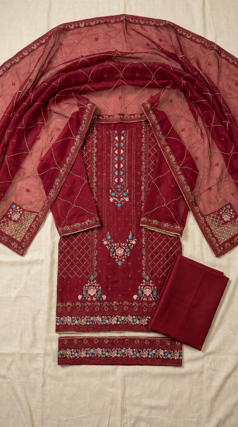 Yaqoot β Red | Embroidered Festive Three-Piece Premium Unstitched Suit