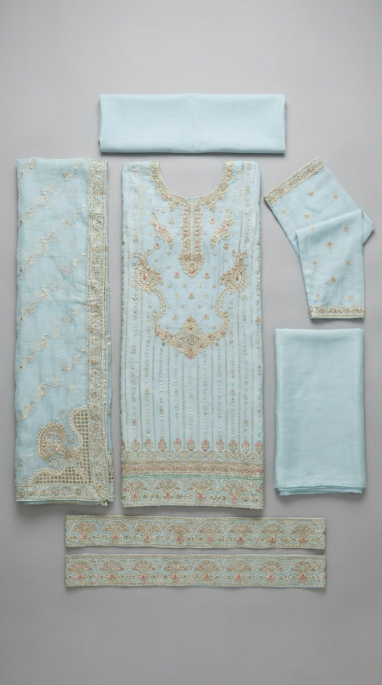 Shahnaaz – Sea Green | Embroidered Festive Three-Piece Premium Unstitched Suit