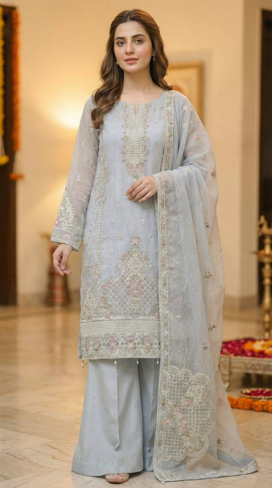 Shahkaar – Steel Grey | Embroidered Festive Three-Piece Premium Unstitched Suit