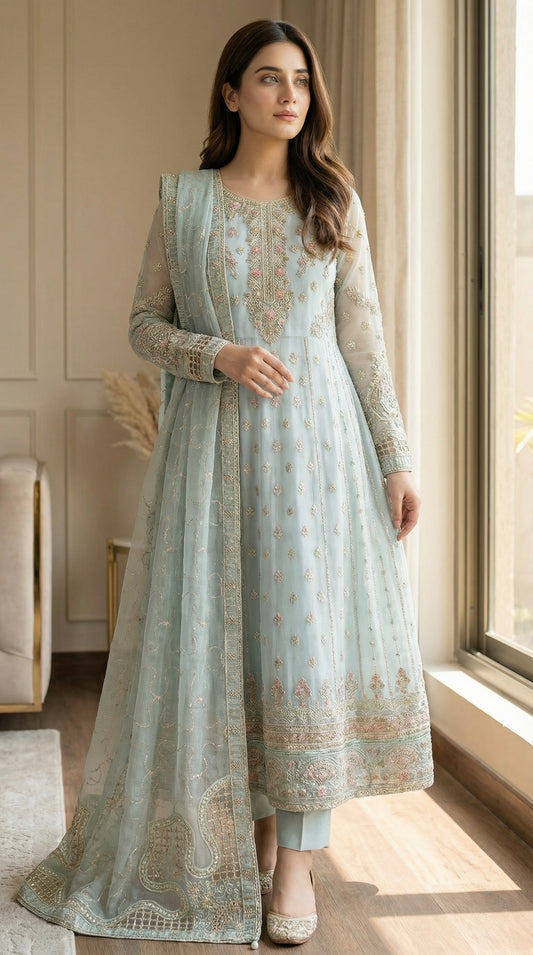 Shahnaaz – Sea Green | Embroidered Festive Three-Piece Premium Unstitched Suit