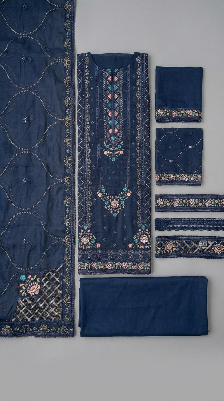 Yaqoot β Navy Blue | Embroidered Festive Three-Piece Premium Unstitched Suit