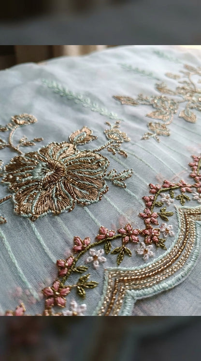 Mehraaj – Light Sea Green | Embroidered Festive Three-Piece Premium Unstitched Suit