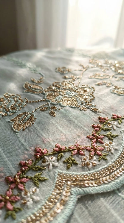 Mehraaj – Light Sea Green | Embroidered Festive Three-Piece Premium Unstitched Suit