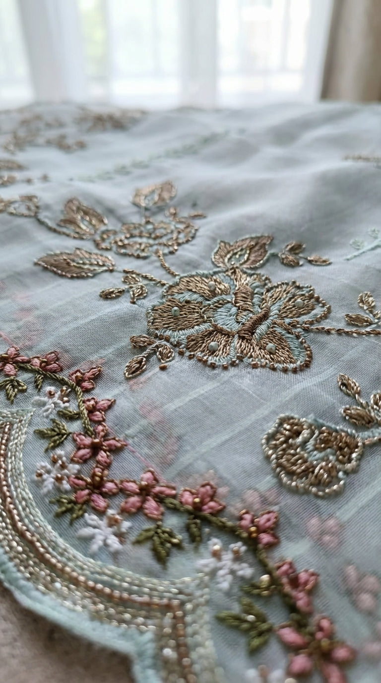 Mehraaj – Light Sea Green | Embroidered Festive Three-Piece Premium Unstitched Suit