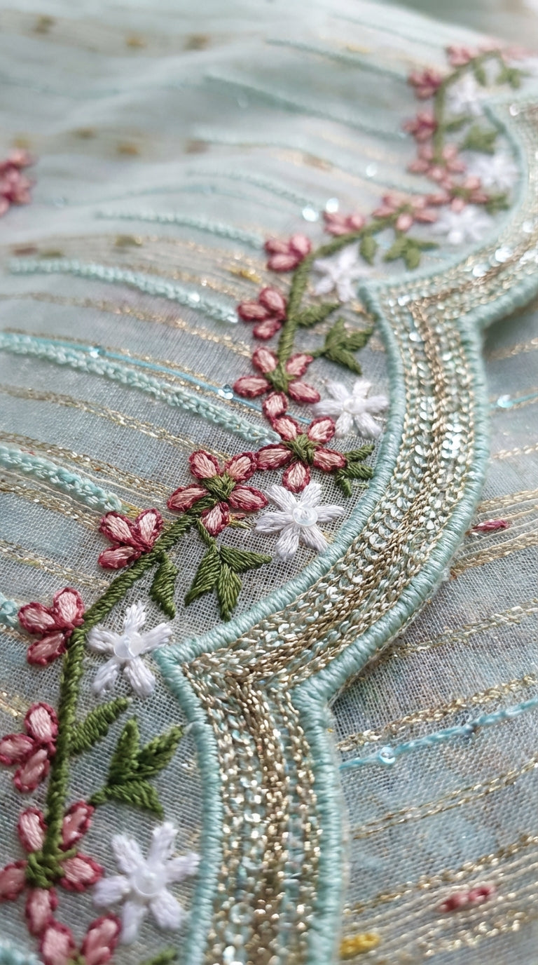Mehraaj – Light Sea Green | Embroidered Festive Three-Piece Premium Unstitched Suit