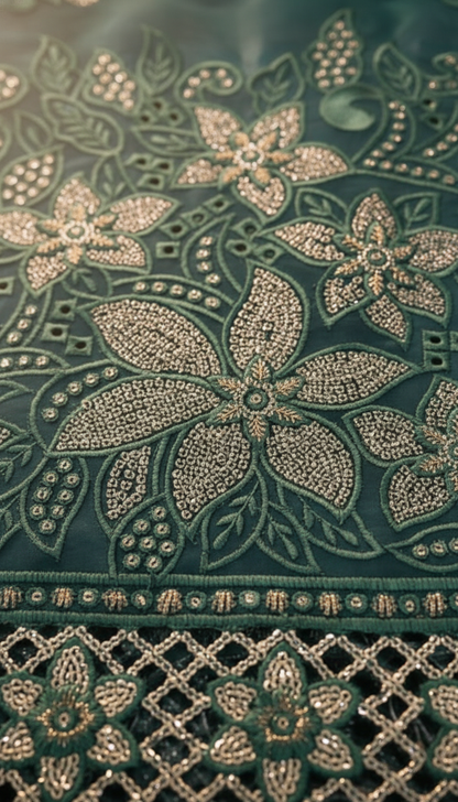 Zamarrud – Bottle Green | Embroidered Festive Two-Piece Unstitched Suit