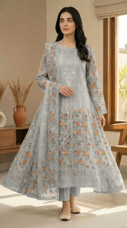 Gulzaar – Grey | Embroidered Festive Three-Piece  Premium Unstitched Suit