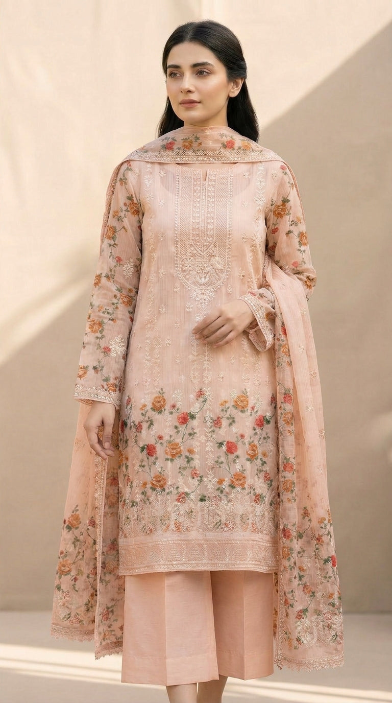 Gulzaar – Peach | Embroidered Festive Three-Piece  Premium Unstitched Suit