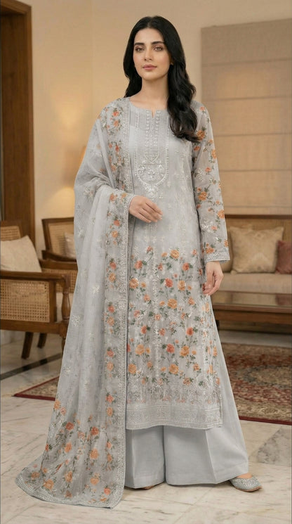 Gulzaar – Grey | Embroidered Festive Three-Piece  Premium Unstitched Suit