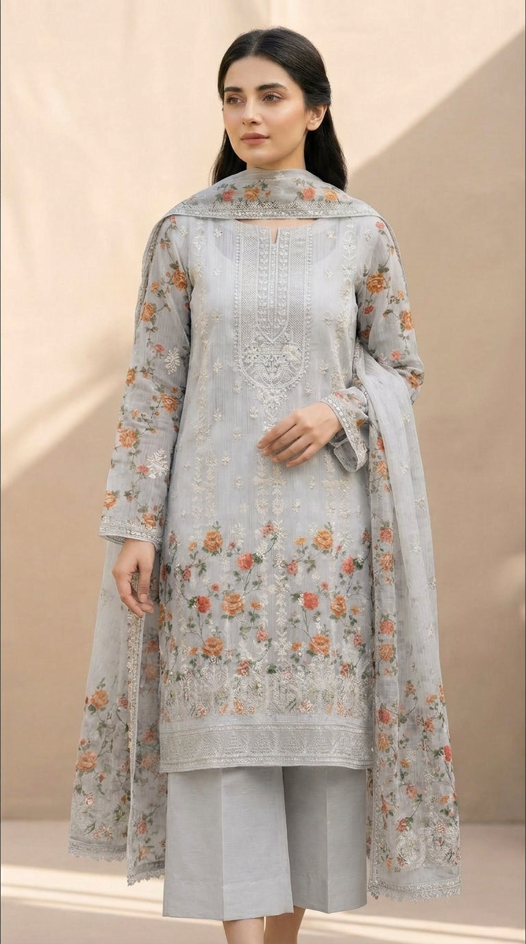 Gulzaar – Grey | Embroidered Festive Three-Piece  Premium Unstitched Suit