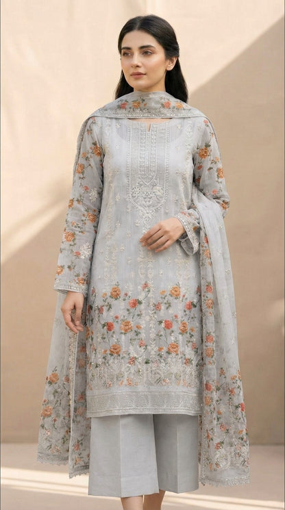 Gulzaar – Grey | Embroidered Festive Three-Piece  Premium Unstitched Suit