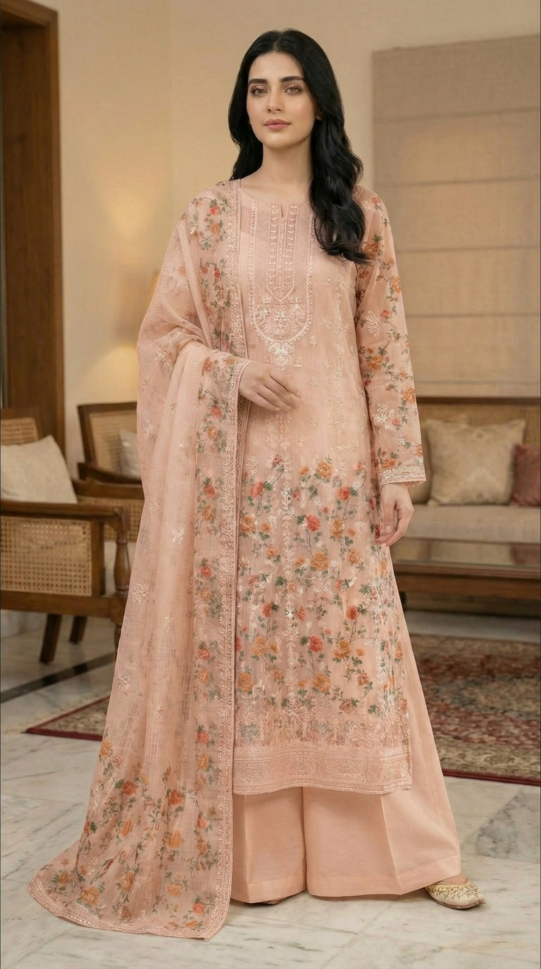 Gulzaar – Peach | Embroidered Festive Three-Piece  Premium Unstitched Suit