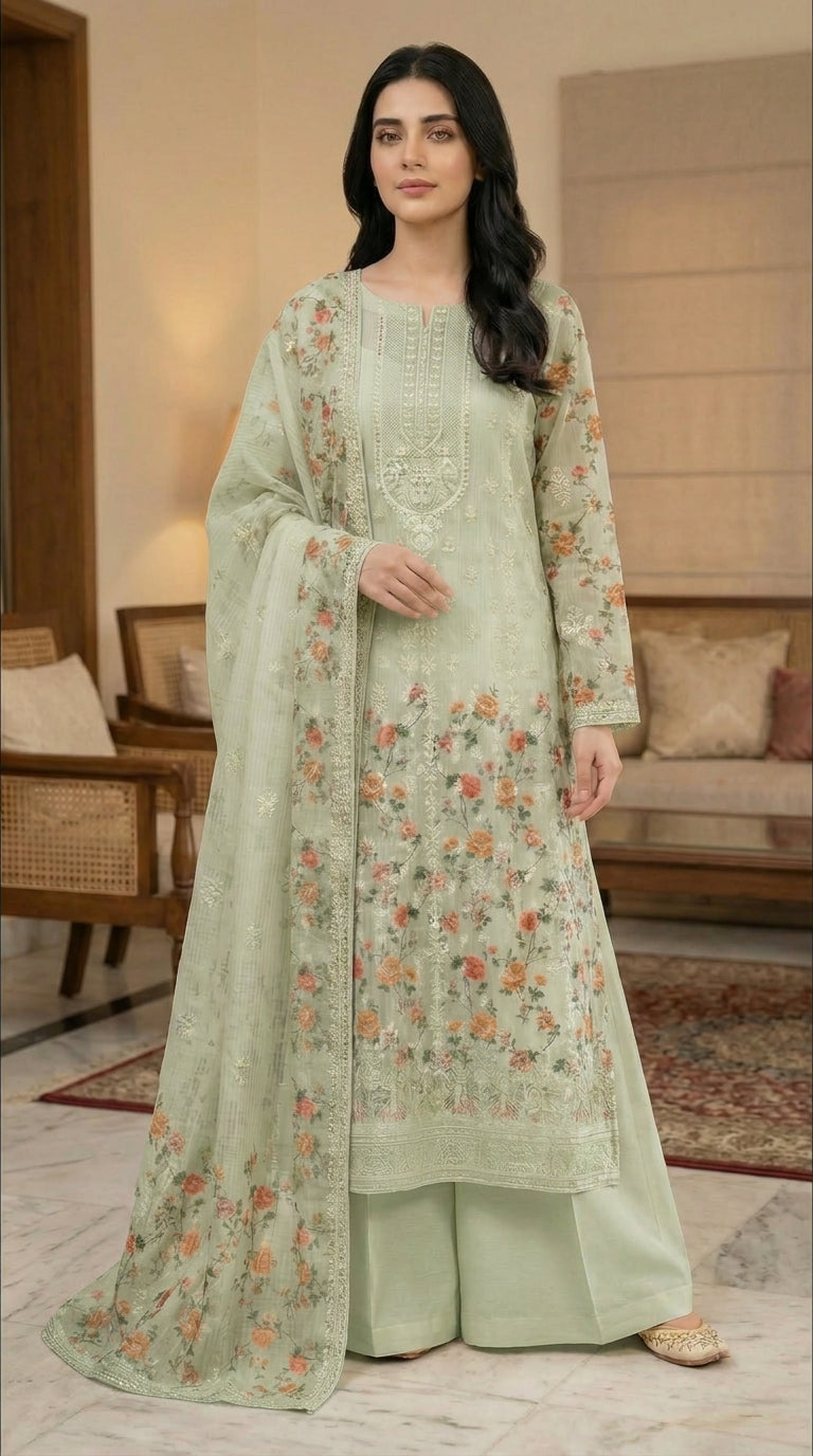 Gulzaar – Pista Green | Embroidered Festive Three-Piece  Premium Unstitched Suit