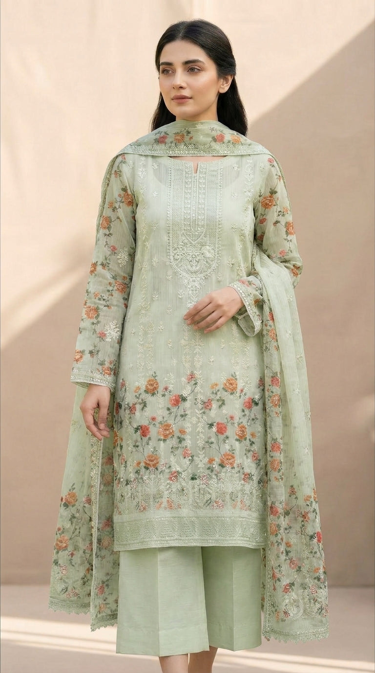 Gulzaar – Pista Green | Embroidered Festive Three-Piece  Premium Unstitched Suit