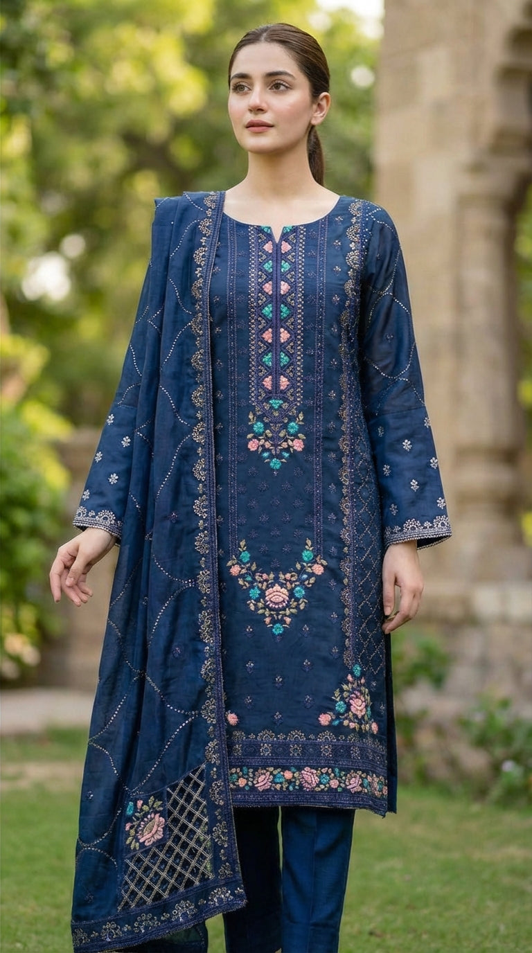 Yaqoot – Navy Blue | Embroidered Festive Two-Piece Unstitched Suit