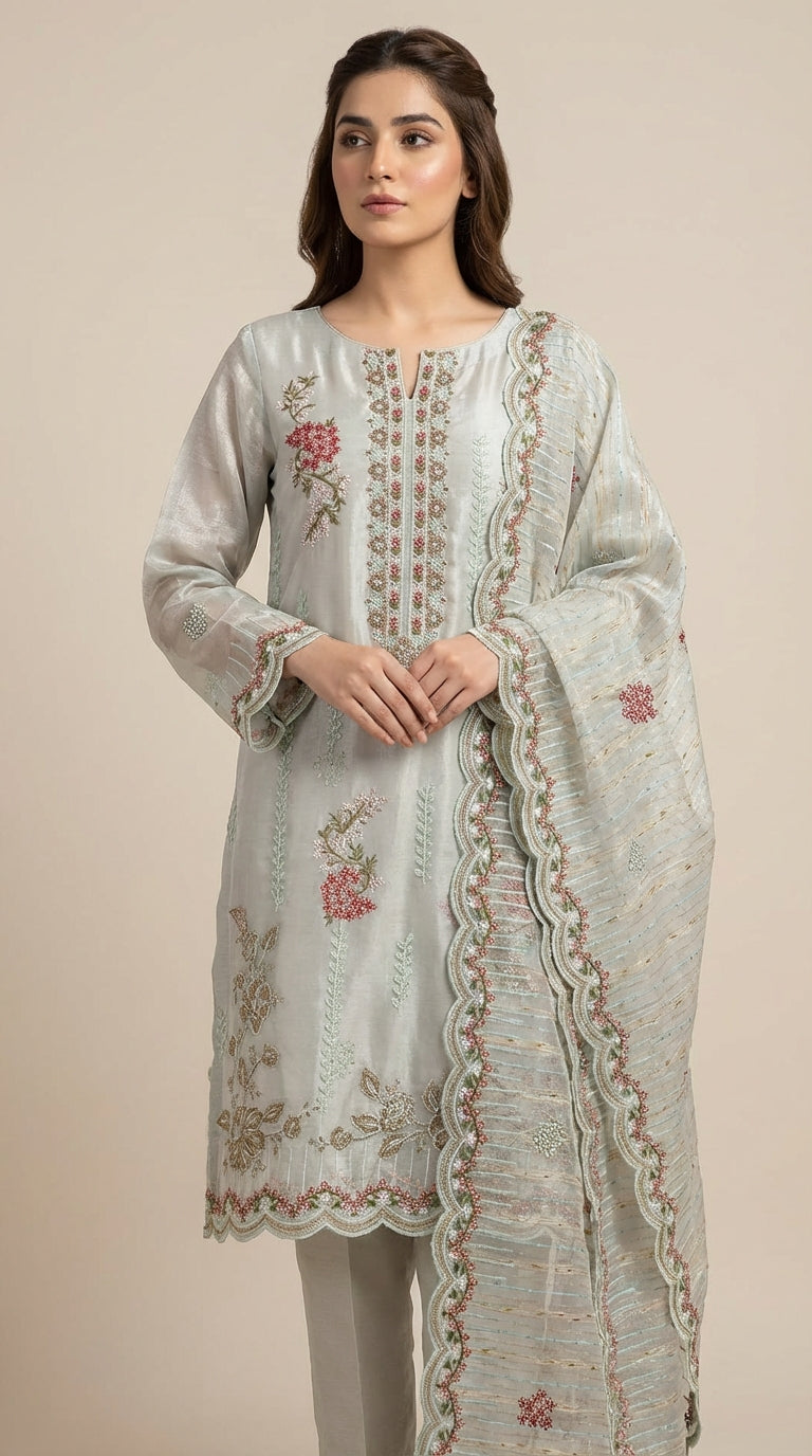 Mehraaj – Light Sea Green | Embroidered Festive Three-Piece Premium Unstitched Suit