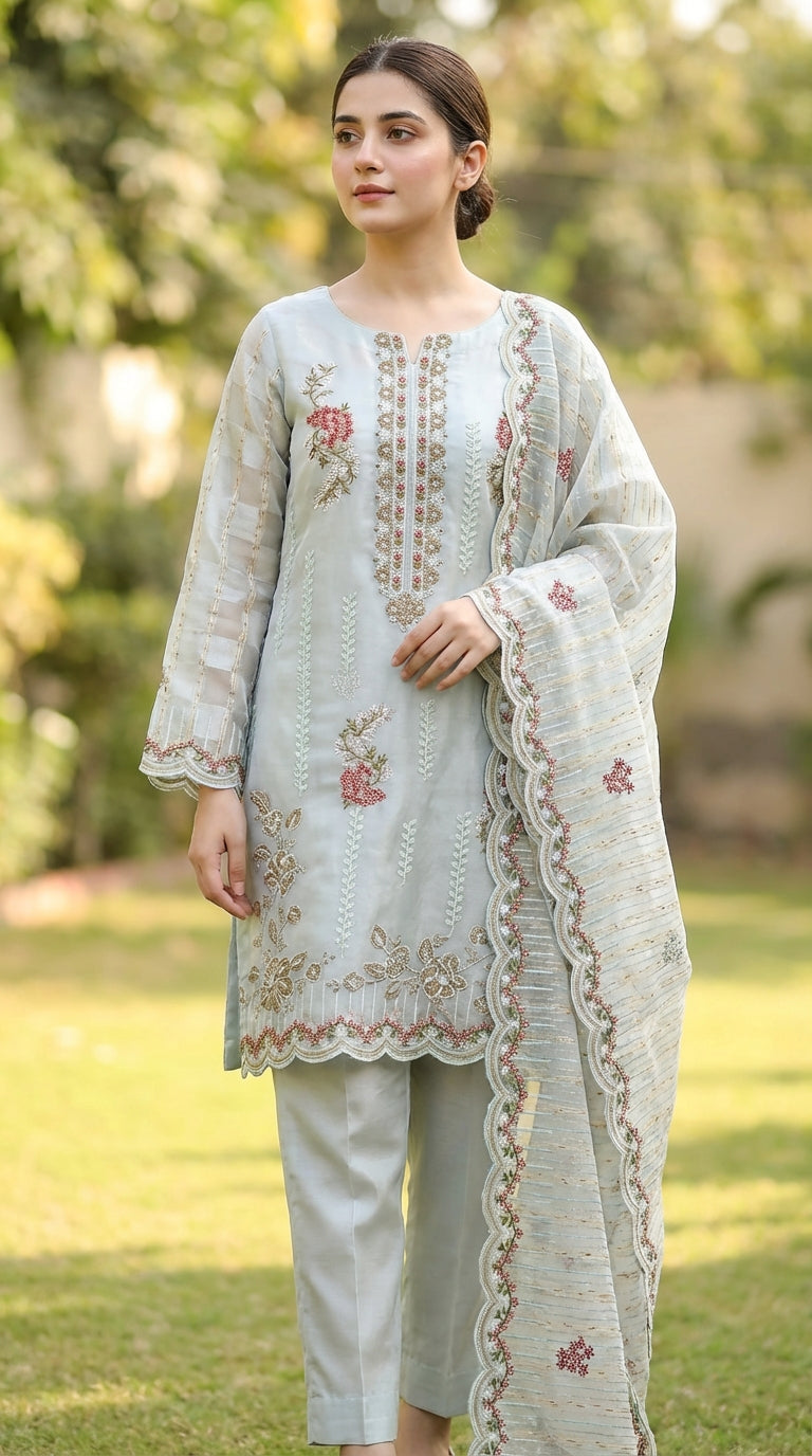 Mehraaj – Light Sea Green | Embroidered Festive Three-Piece Premium Unstitched Suit
