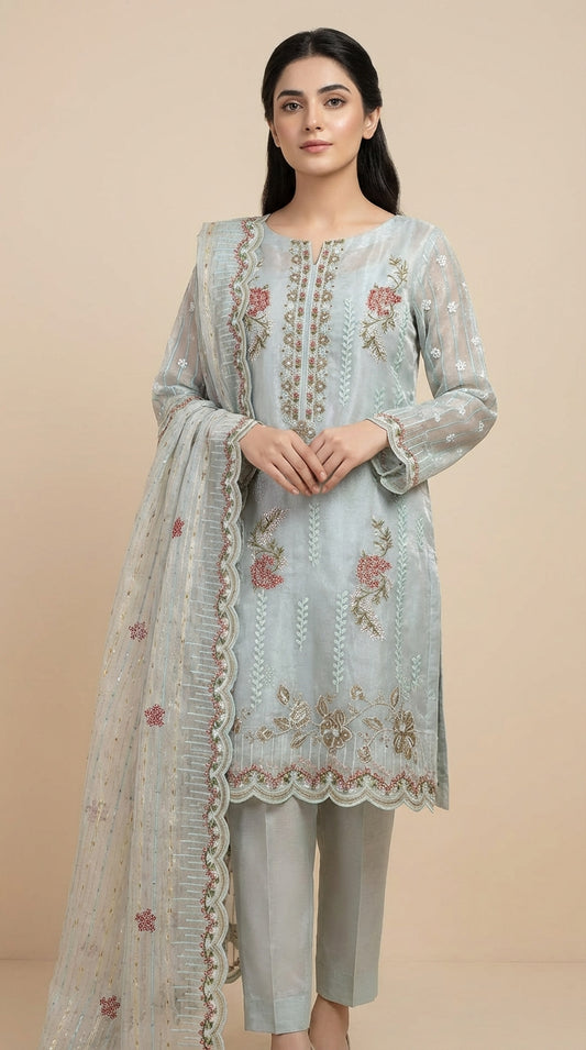 Mehraaj – Light Sea Green | Embroidered Festive Three-Piece Premium Unstitched Suit