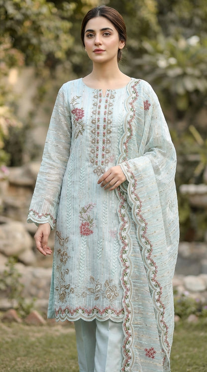 Mehraaj – Light Sea Green | Embroidered Festive Three-Piece Premium Unstitched Suit