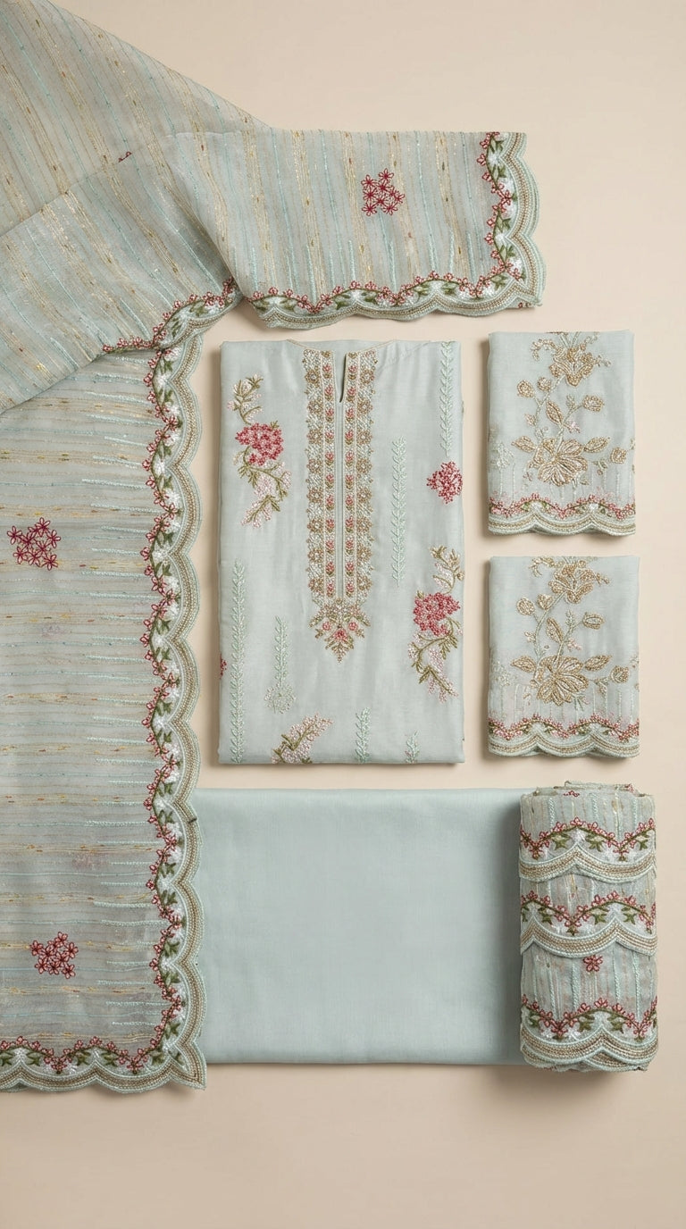 Mehraaj – Light Sea Green | Embroidered Festive Three-Piece Premium Unstitched Suit
