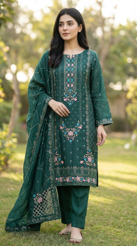 Yaqoot – Green | Embroidered Festive Two-Piece Unstitched Suit