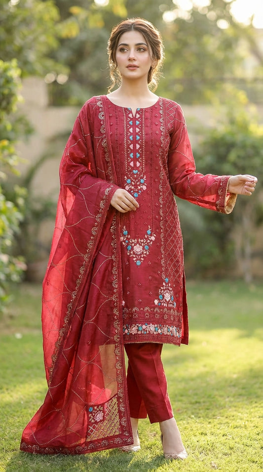 Yaqoot – Red | Embroidered Festive Two-Piece Unstitched Suit