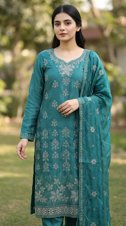 Zamarrud – Bottle Green | Embroidered Festive Two-Piece Unstitched Suit