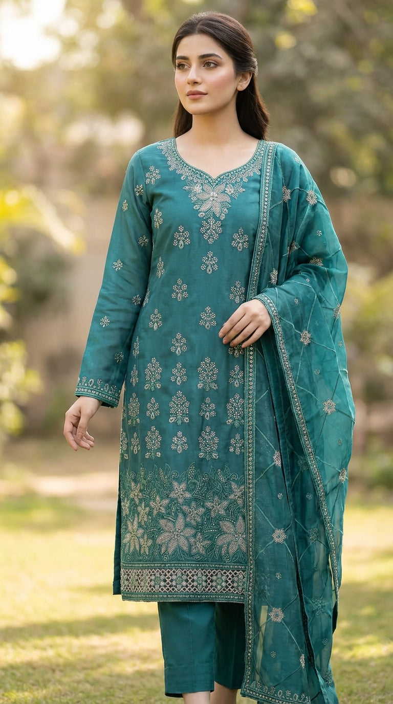 Zamarrud – Bottle Green | Embroidered Festive Two-Piece Unstitched Suit