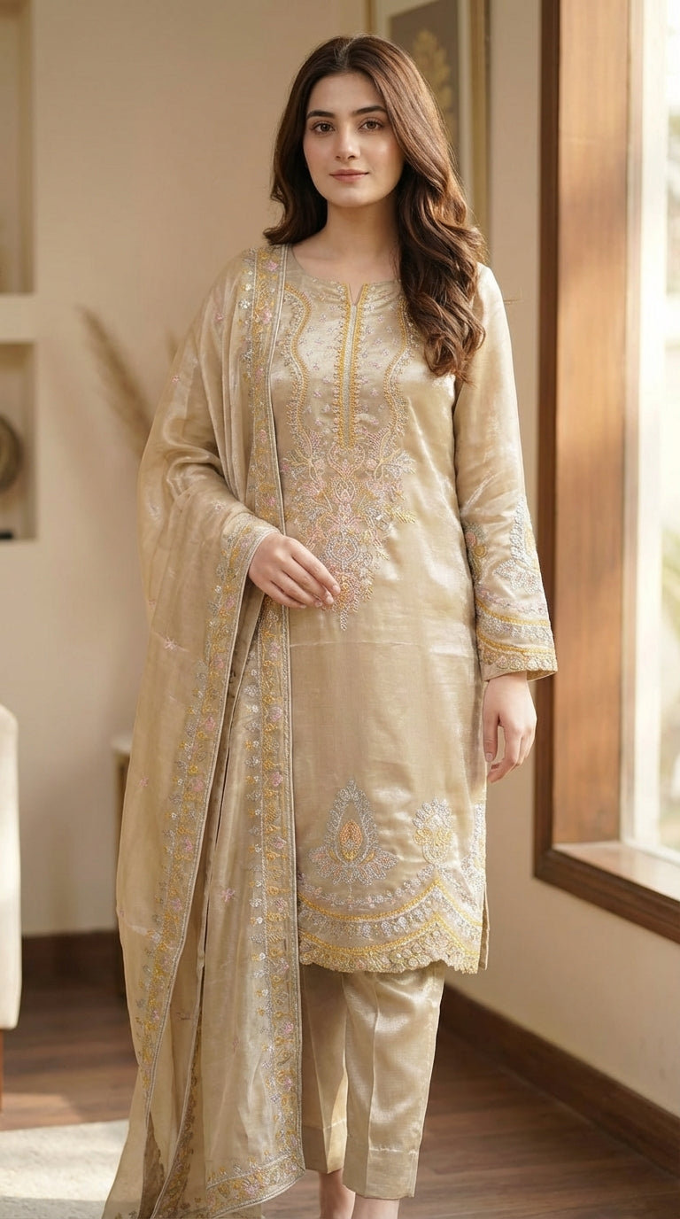 Riwaayat – Golden Skin | Embroidered Festive Three-Piece Premium Unstitched Suit