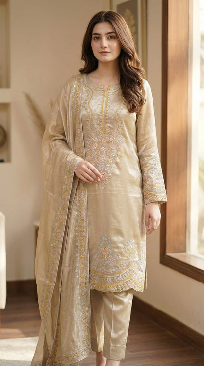 Riwaayat – Golden Skin | Embroidered Festive Three-Piece Premium Unstitched Suit