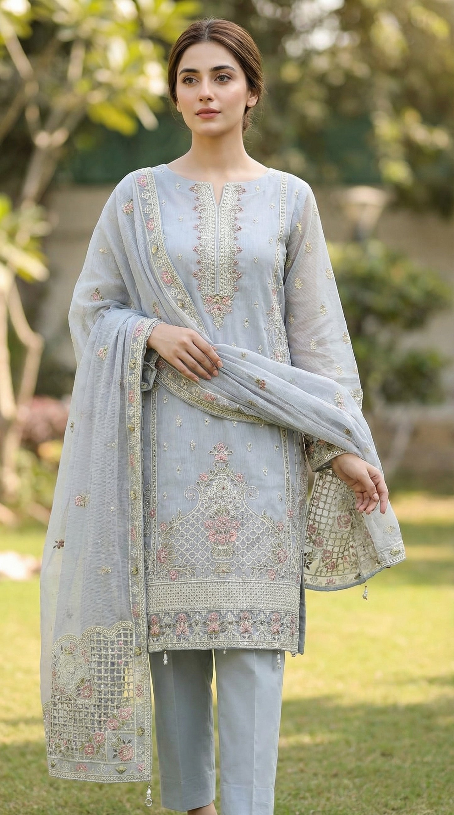 Shahkaar – Steel Grey | Embroidered Festive Three-Piece Premium Unstitched Suit