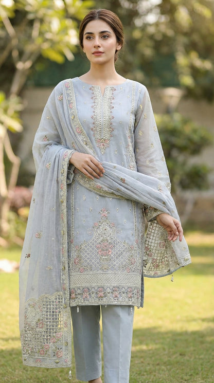 Shahkaar – Steel Grey | Embroidered Festive Three-Piece Premium Unstitched Suit