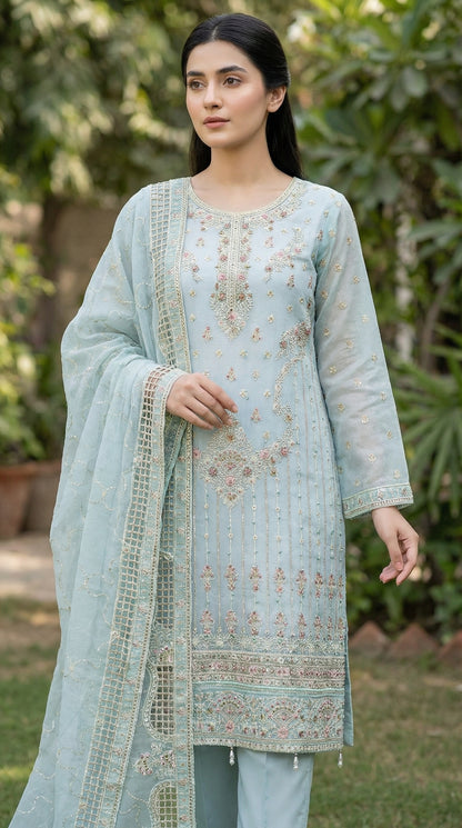 Shahnaaz – Sea Green | Embroidered Festive Three-Piece Premium Unstitched Suit