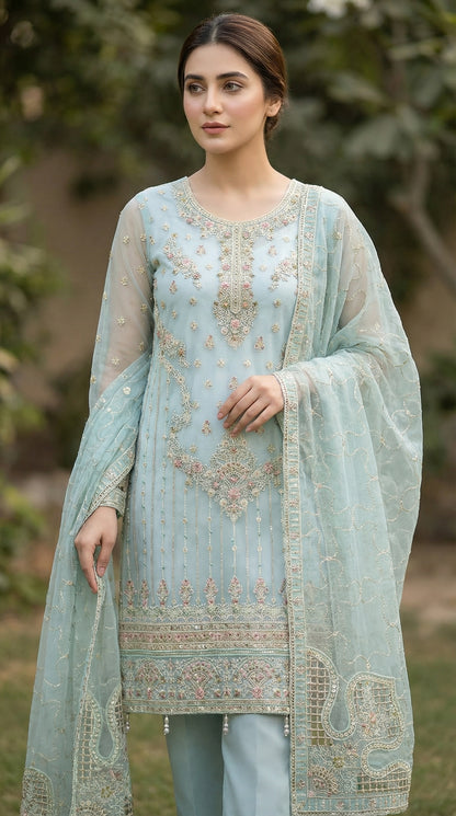 Shahnaaz – Sea Green | Embroidered Festive Three-Piece Premium Unstitched Suit