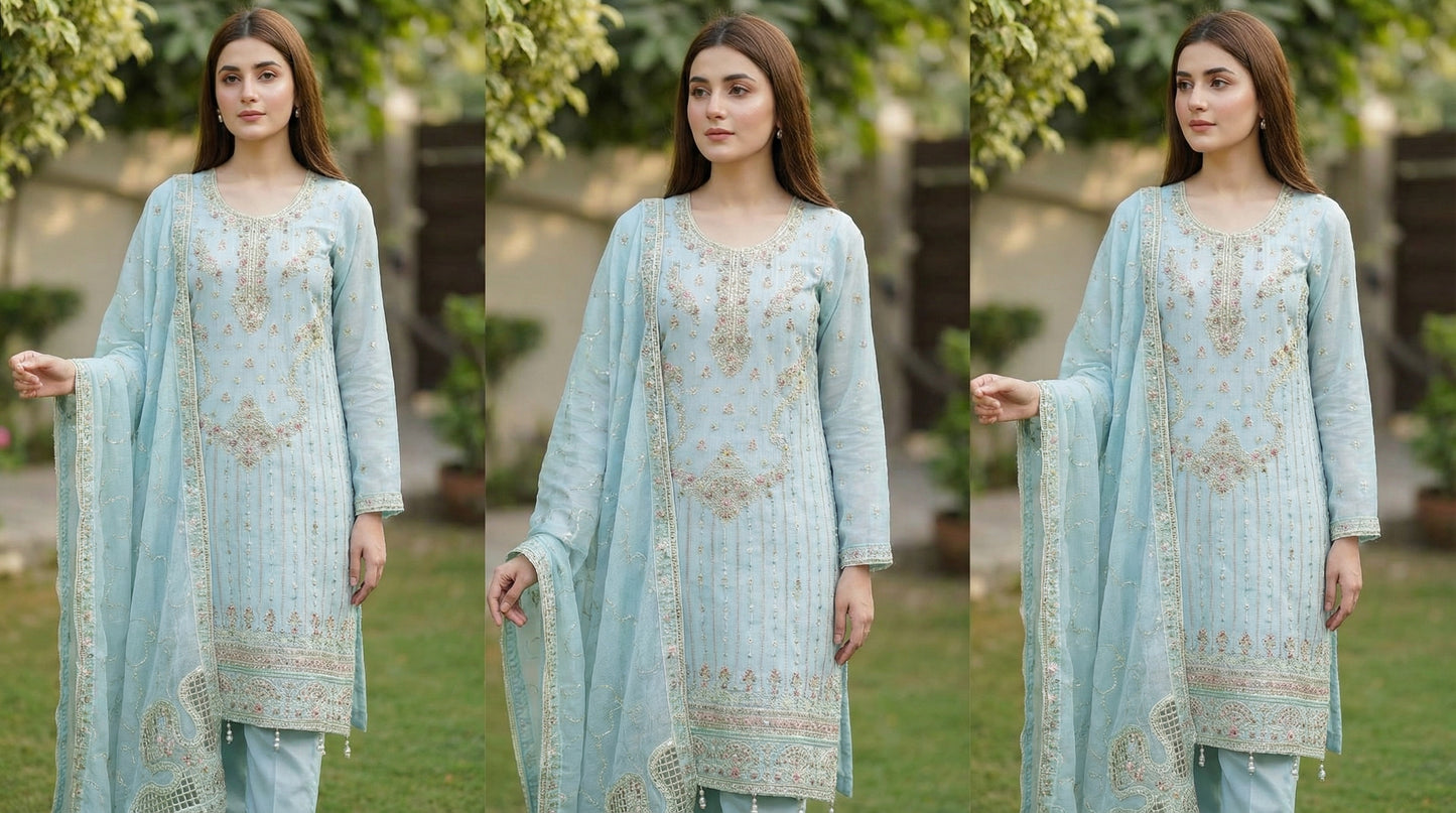 Shahnaaz – Sea Green | Embroidered Festive Three-Piece Premium Unstitched Suit