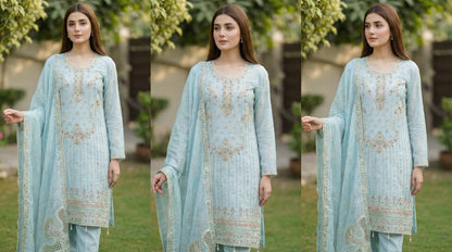 Shahnaaz – Sea Green | Embroidered Festive Three-Piece Premium Unstitched Suit