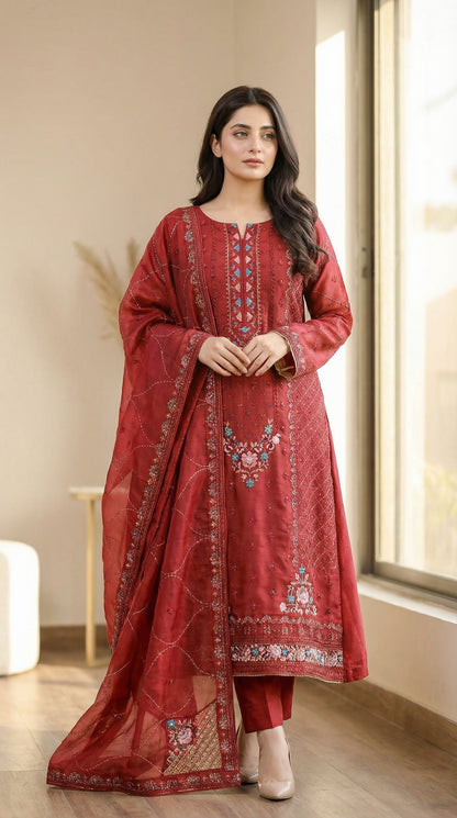 Yaqoot – Red | Embroidered Festive Three-Piece Premium Unstitched Suit