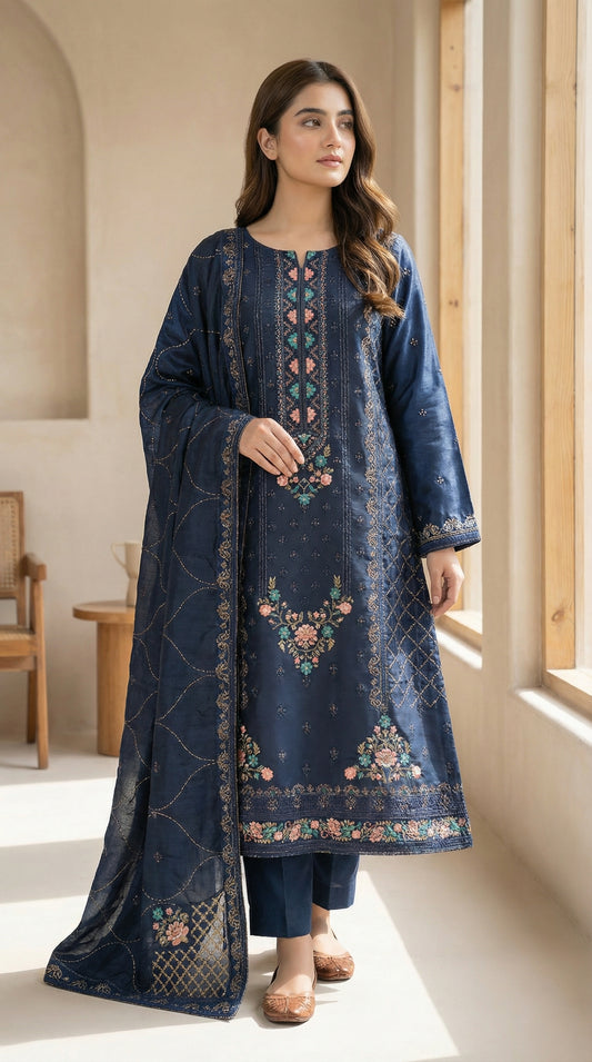 Yaqoot – Navy Blue | Embroidered Festive Three-Piece Premium Unstitched Suit