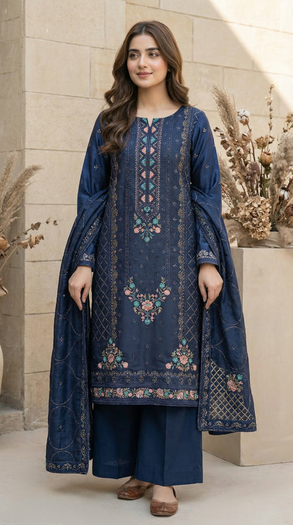 Yaqoot – Navy Blue | Embroidered Festive Three-Piece Premium Unstitched Suit