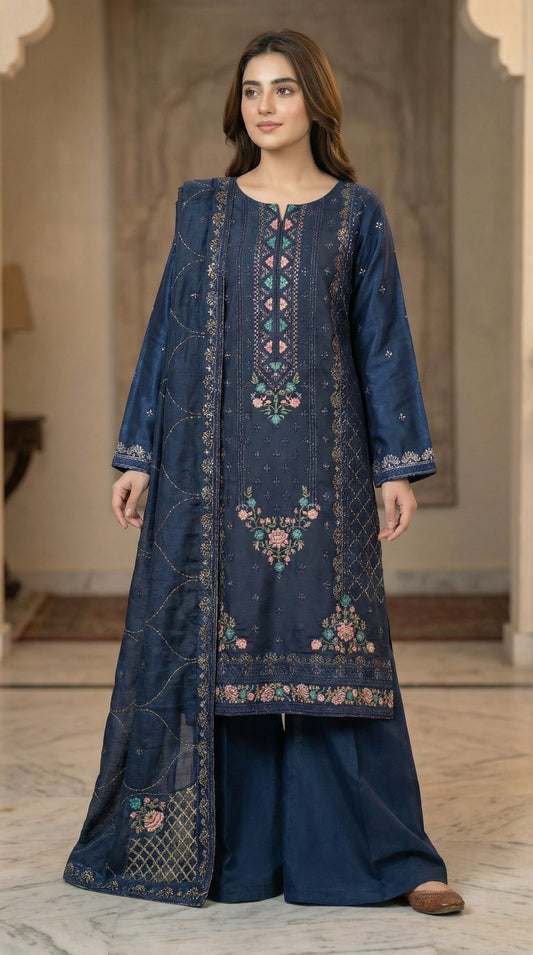 Yaqoot – Navy Blue | Embroidered Festive Three-Piece Premium Unstitched Suit
