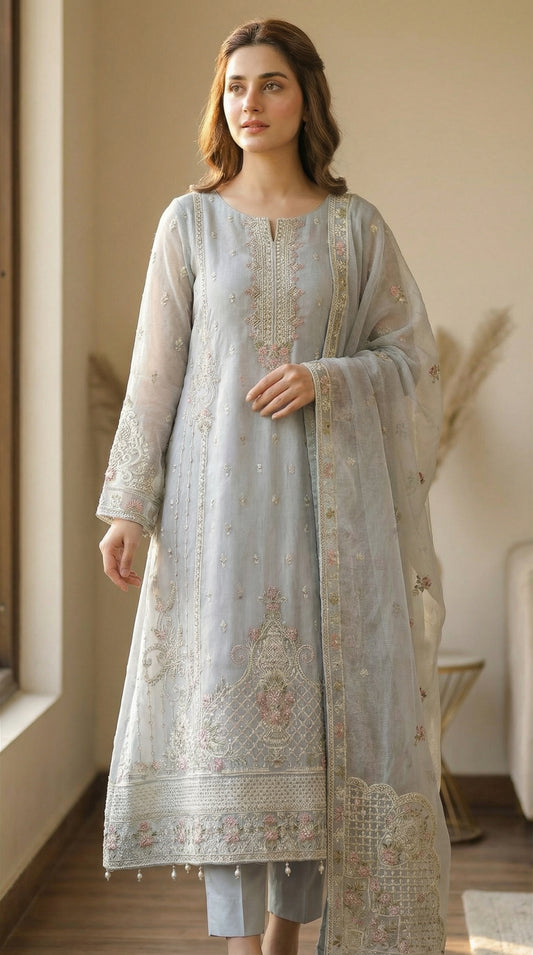 Shahkaar – Steel Grey | Embroidered Festive Three-Piece Premium Unstitched Suit