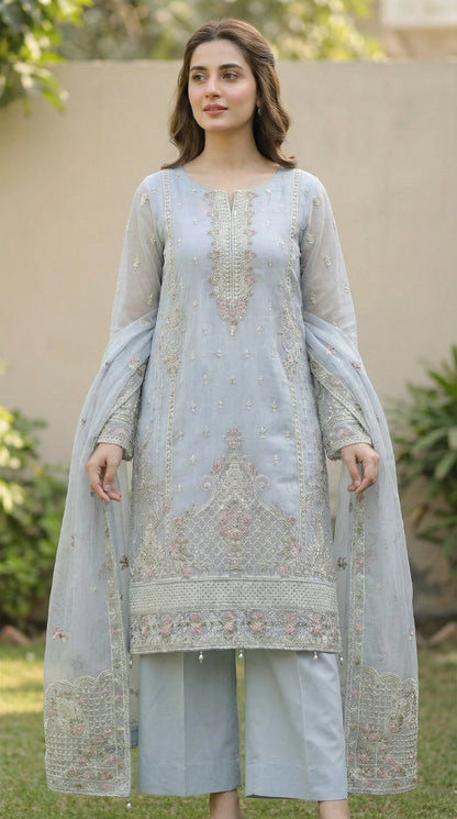 Shahkaar – Steel Grey | Embroidered Festive Three-Piece Premium Unstitched Suit