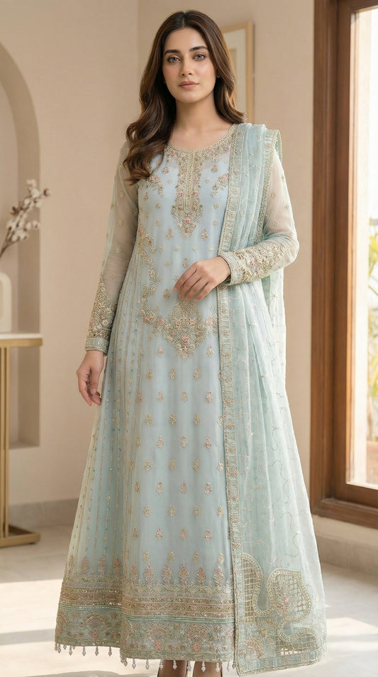 Shahnaaz – Sea Green | Embroidered Festive Three-Piece Premium Unstitched Suit