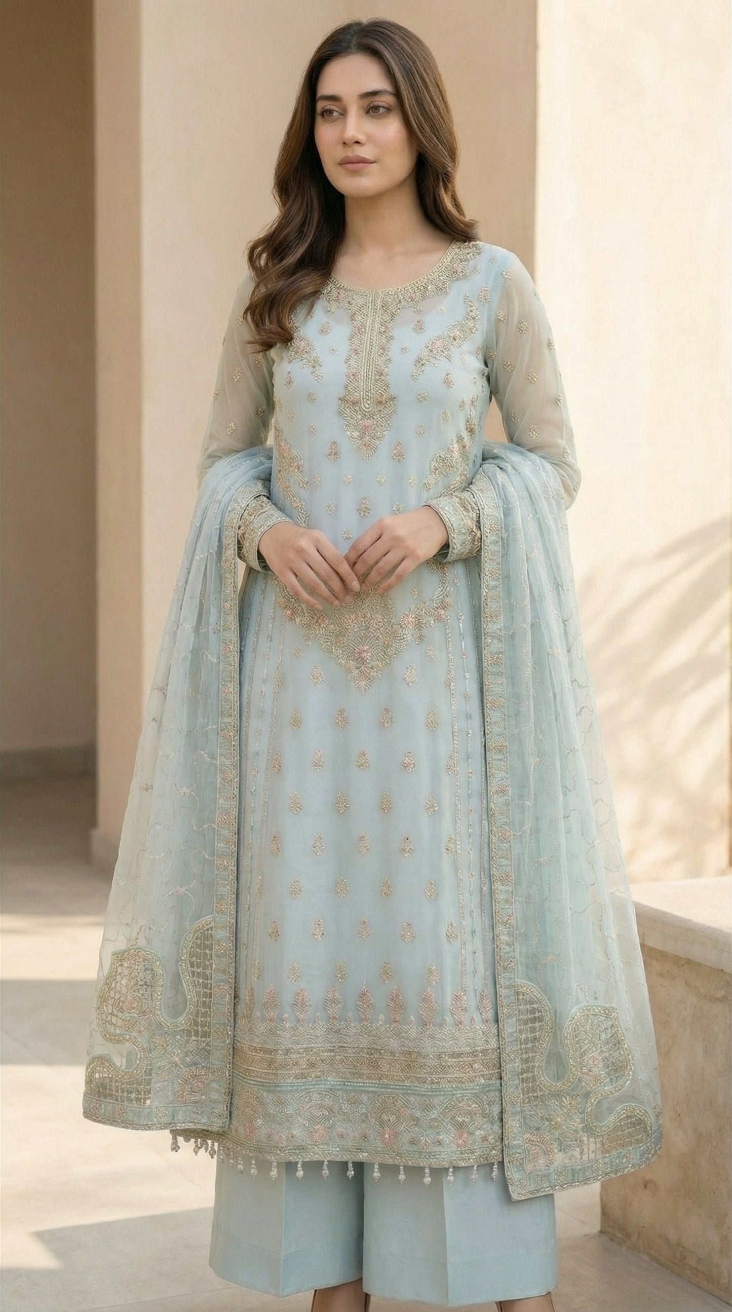 Shahnaaz – Sea Green | Embroidered Festive Three-Piece Premium Unstitched Suit