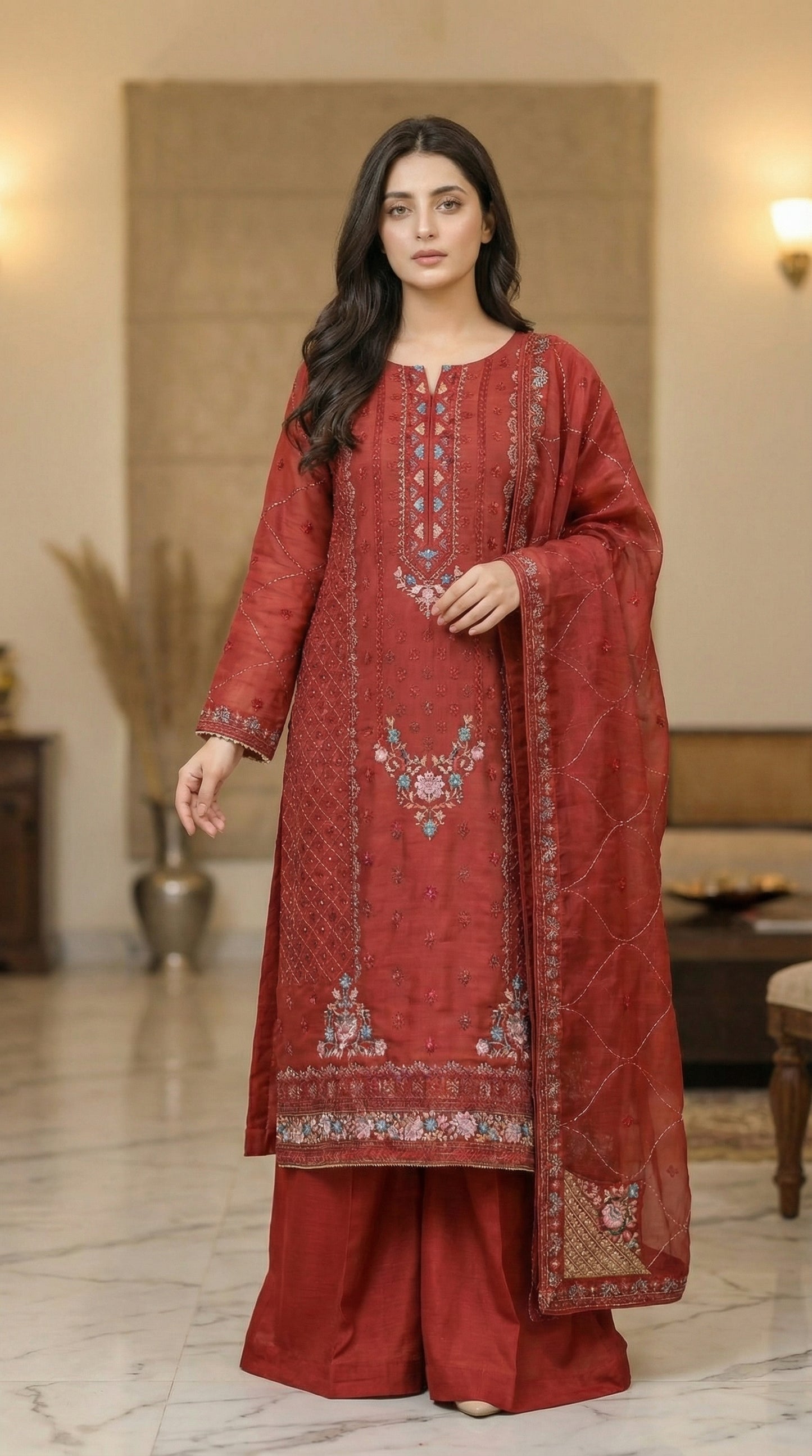 Yaqoot – Red | Embroidered Festive Three-Piece Premium Unstitched Suit