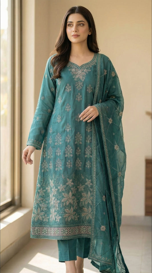 Zamarrud – Bottle Green | Embroidered Festive Three-Piece Premium Unstitched Suit