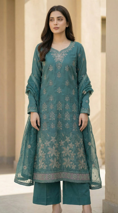 Zamarrud – Bottle Green | Embroidered Festive Three-Piece Premium Unstitched Suit