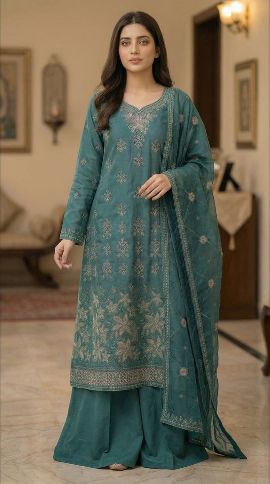 Zamarrud – Bottle Green | Embroidered Festive Three-Piece Premium Unstitched Suit